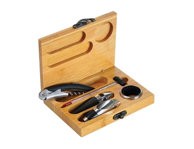 Kit Para Vinho Com Estojo Em Bambu - 6 Ps PV-00843